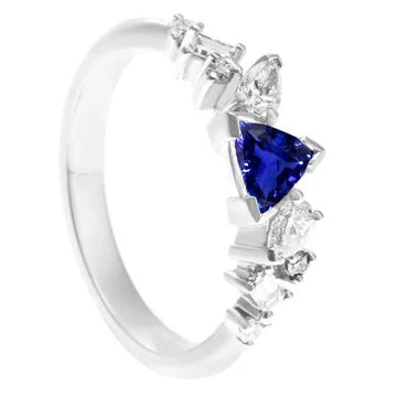 Gemstone Trillion V Prong zaffiro blu e 1 carato con anello in oro bianco 14K con diamanti