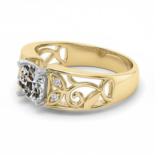 Gioielli Art Nouveau Nuovo Anello Vecchio Anello Con Genuino Diamanti Naturali Autentici ( non creati in laboratorio ) A Taglio Miniera Stile Foglia