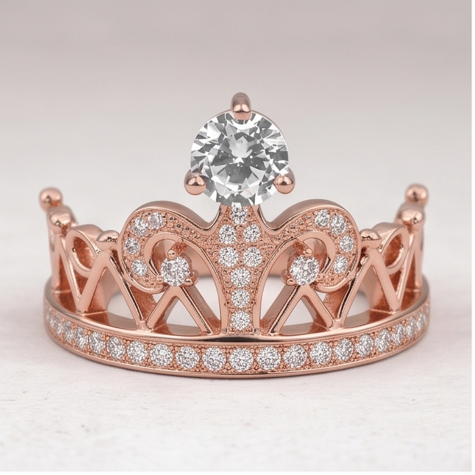 Gioielli Personalizzati Anello Stile Corona Vero Diamante Rotondo 1,50 Carati