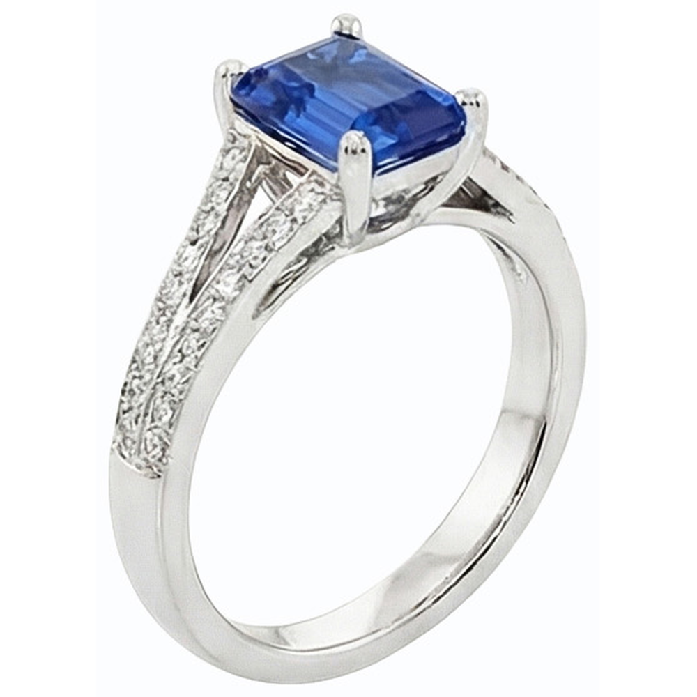 Gioielli con diamanti Anello con zaffiro blu taglio smeraldo con gambo diviso 3 carati