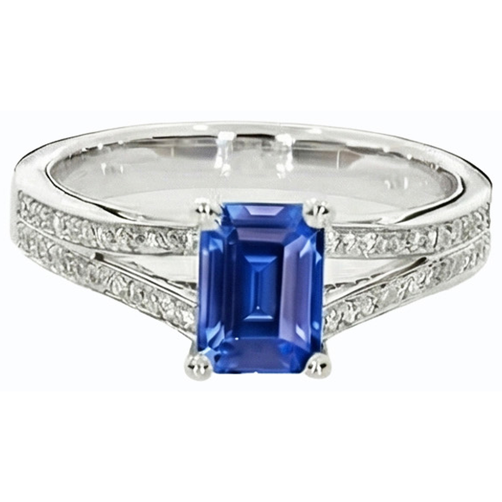 Gioielli con diamanti Anello con zaffiro blu taglio smeraldo con gambo diviso 3 carati