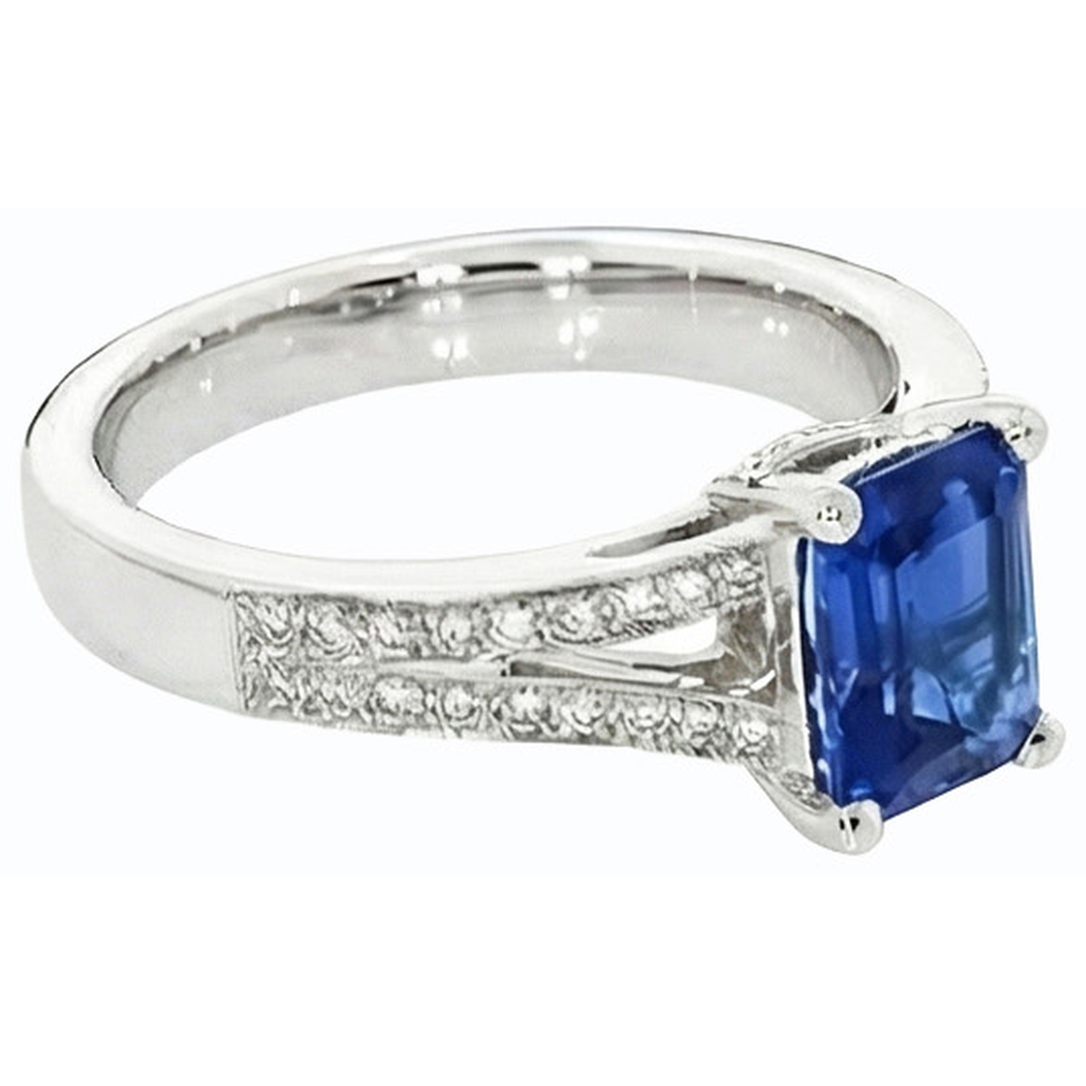 Gioielli con diamanti Anello con zaffiro blu taglio smeraldo con gambo diviso 3 carati