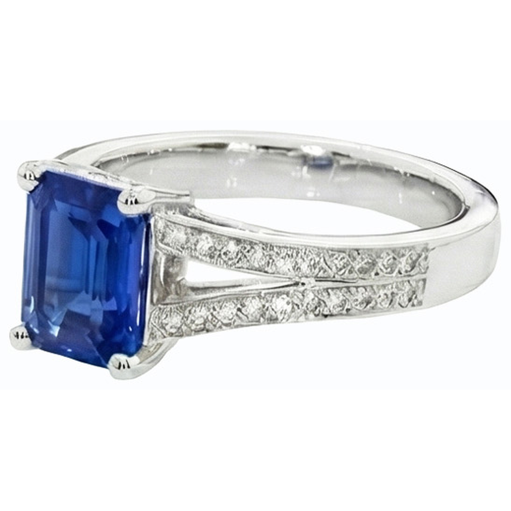 Gioielli con diamanti Anello con zaffiro blu taglio smeraldo con gambo diviso 3 carati