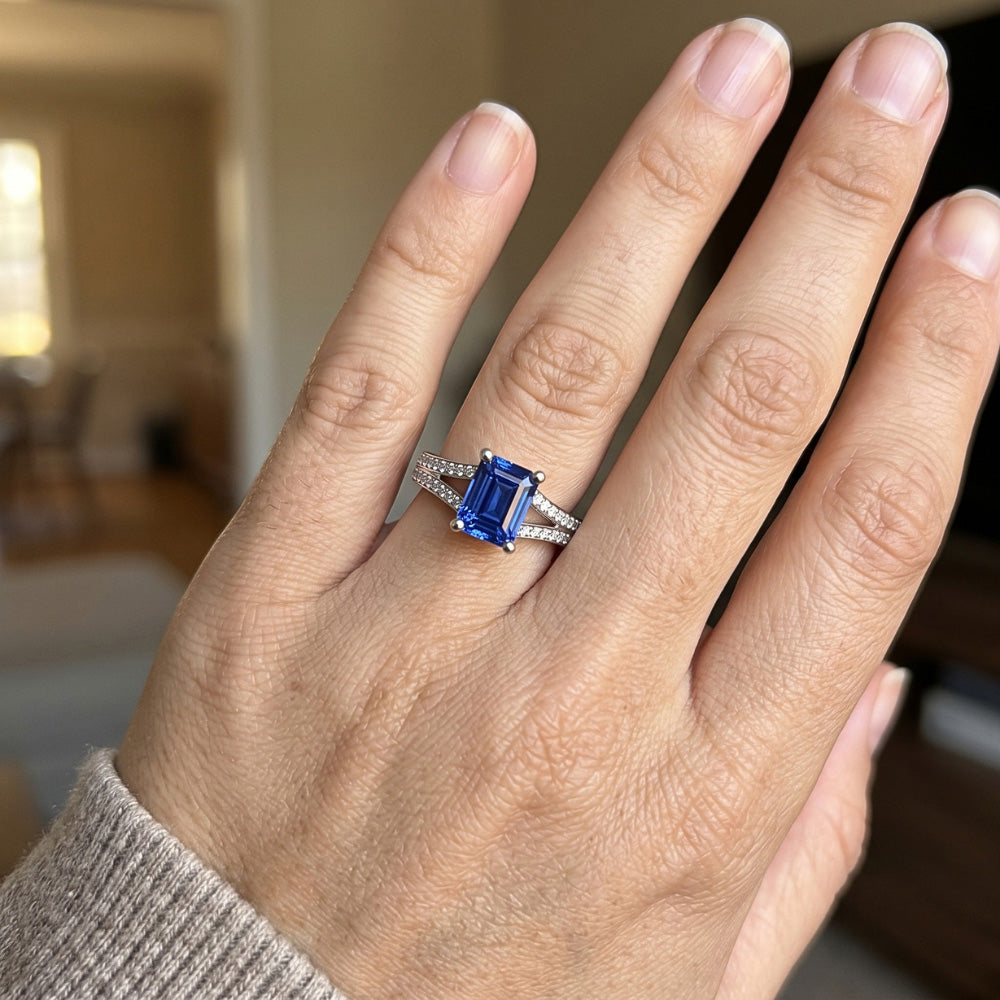 Gioielli con diamanti Anello con zaffiro blu taglio smeraldo con gambo diviso 3 carati