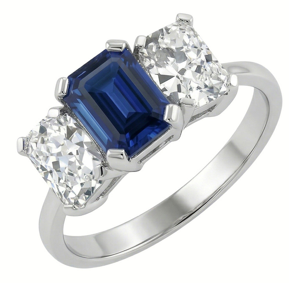 Gioielli con diamanti radianti Anello con 3 pietre di zaffiro blu smeraldo 3 carati