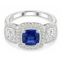 Gioielli da donna Anello Halo 3 carati Cuscino blu zaffiro e diamante in oro bianco 14K
