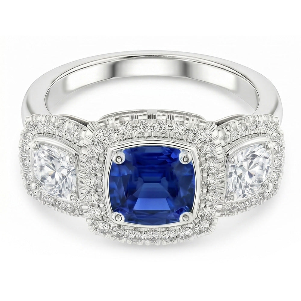 Gioielli da donna Anello Halo 3 carati Cuscino blu zaffiro e diamante in oro bianco 14K