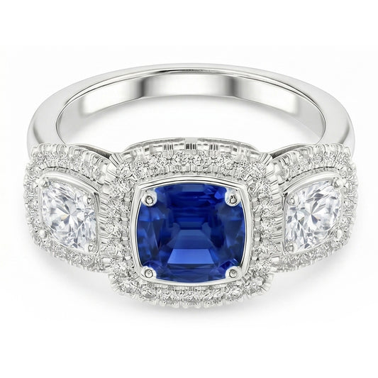 Gioielli da donna Anello Halo 3 carati Cuscino blu zaffiro e diamante in oro bianco 14K