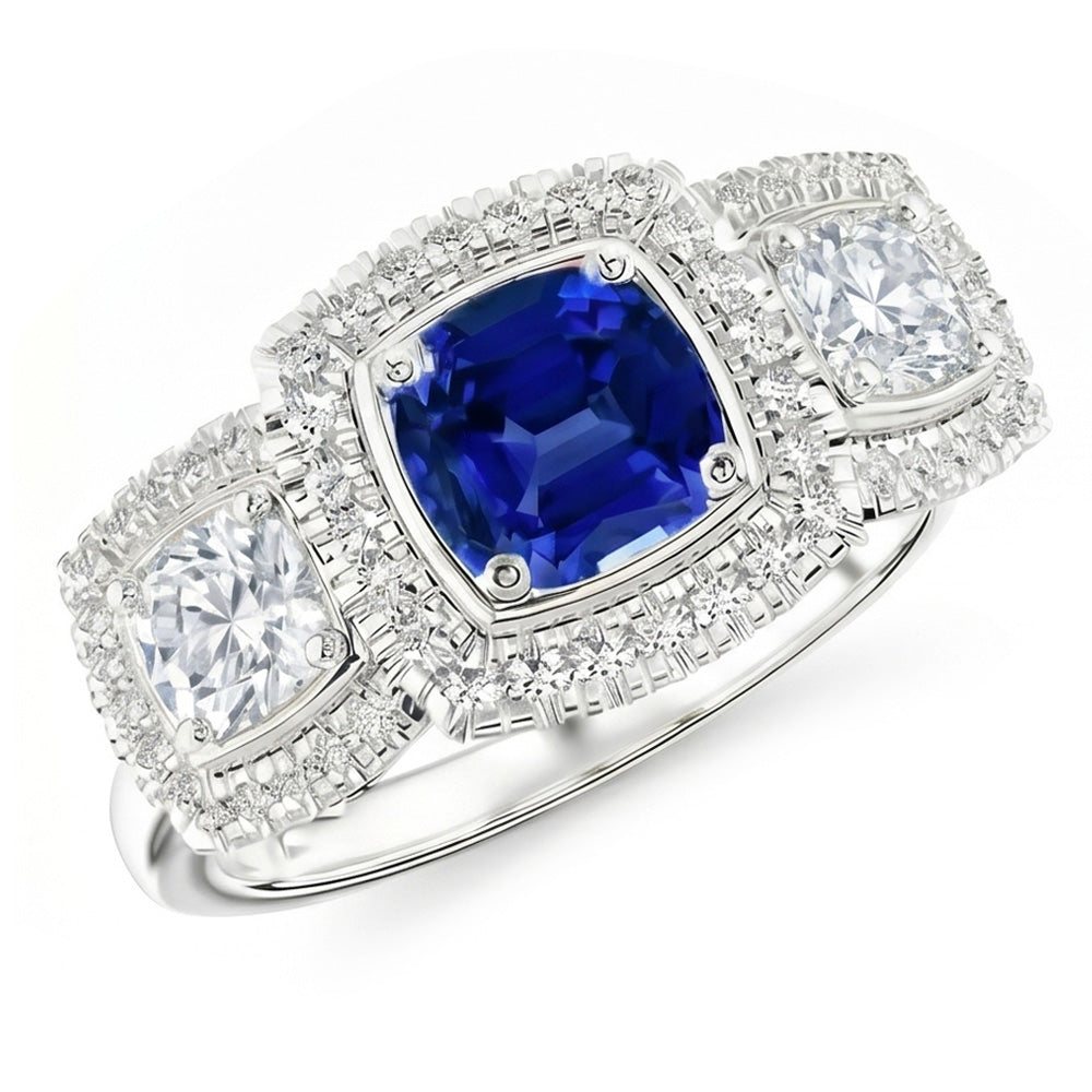 Gioielli da donna Anello Halo 3 carati Cuscino blu zaffiro e diamante in oro bianco 14K