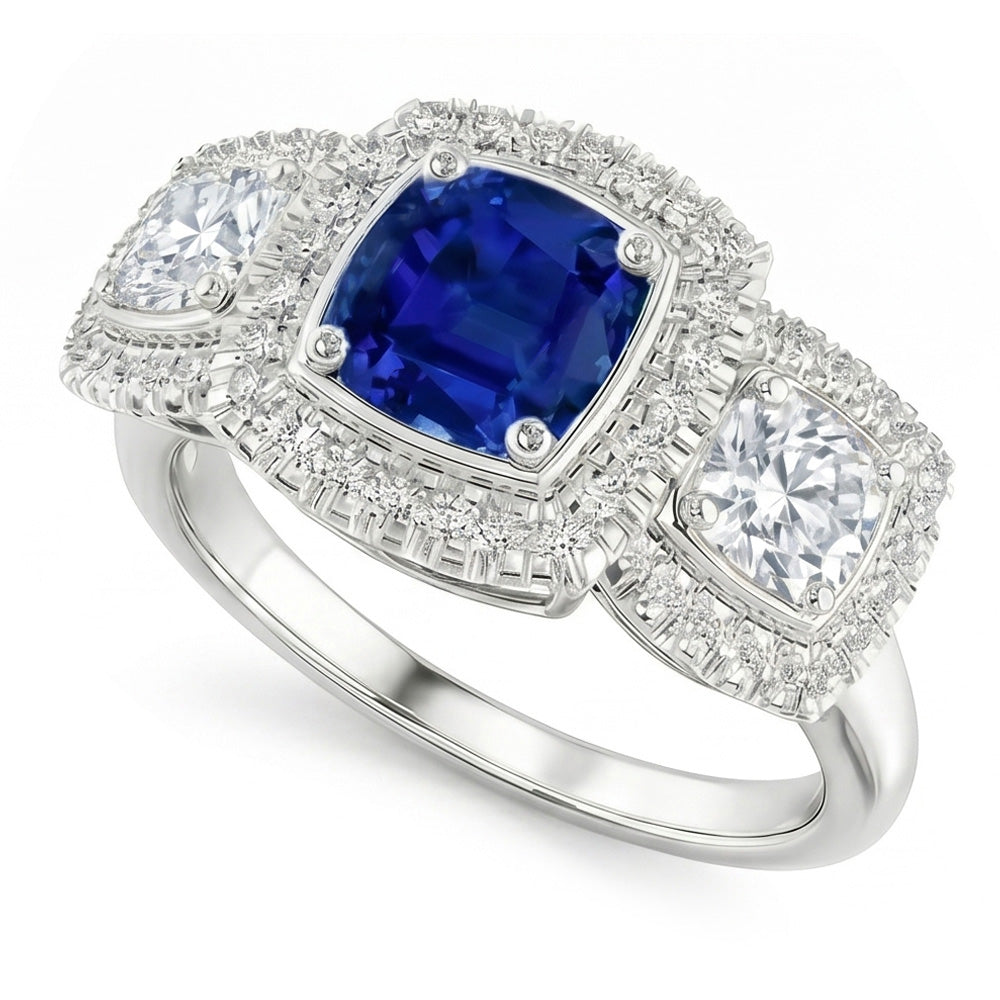 Gioielli da donna Anello Halo 3 carati Cuscino blu zaffiro e diamante in oro bianco 14K
