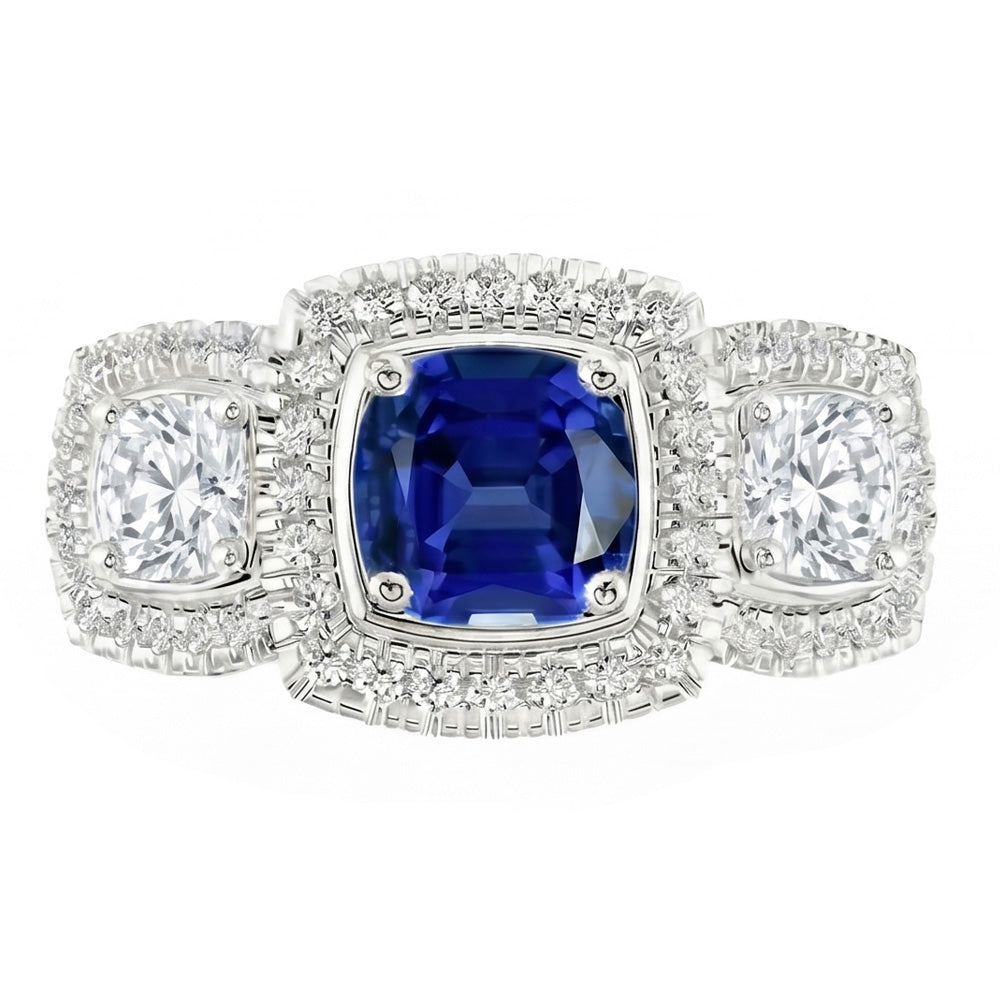 Gioielli da donna Anello Halo 3 carati Cuscino blu zaffiro e diamante in oro bianco 14K