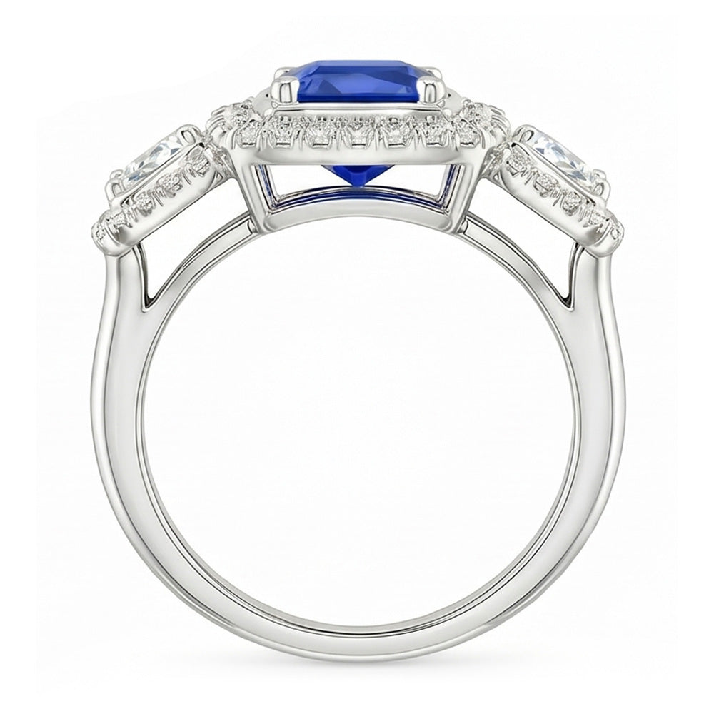 Gioielli da donna Anello Halo 3 carati Cuscino blu zaffiro e diamante in oro bianco 14K
