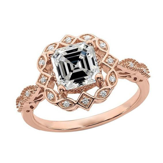 Gioielli Da Donna In Oro Rosa Halo Il Giro & Asscher Naturale Diamante 4.50 Carati