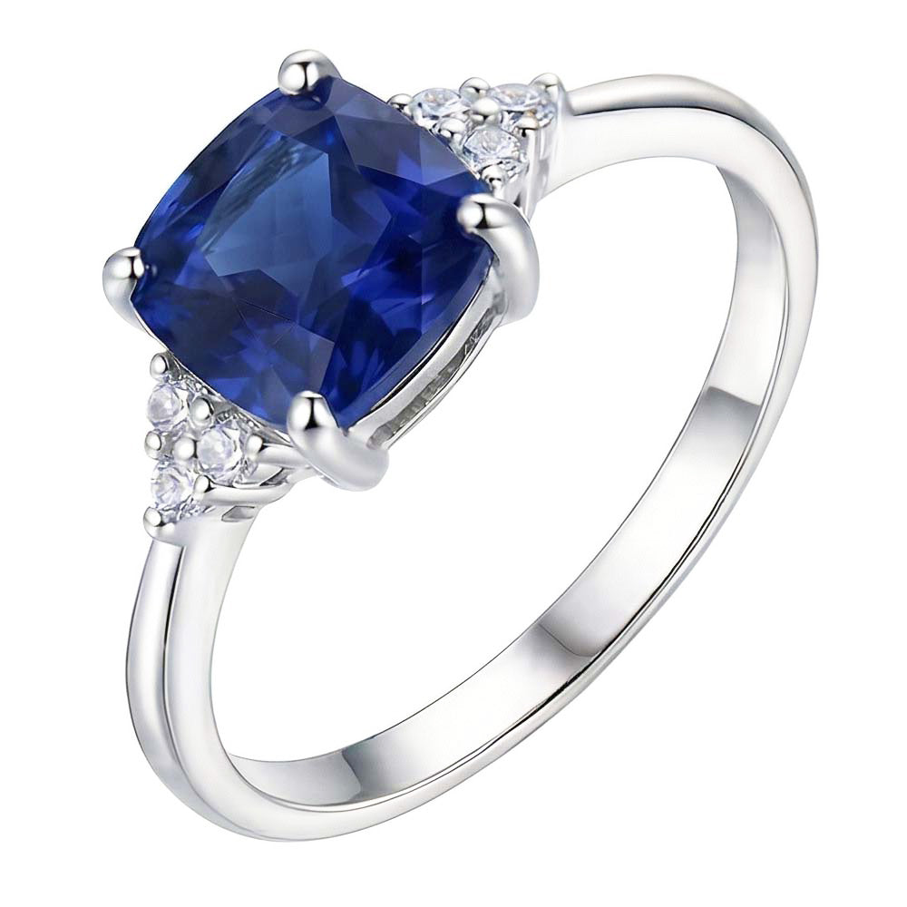 Gioiello di pietre preziose Cuscino Zaffiro Anello 2.50 carati Piccolo diamante rotondo
