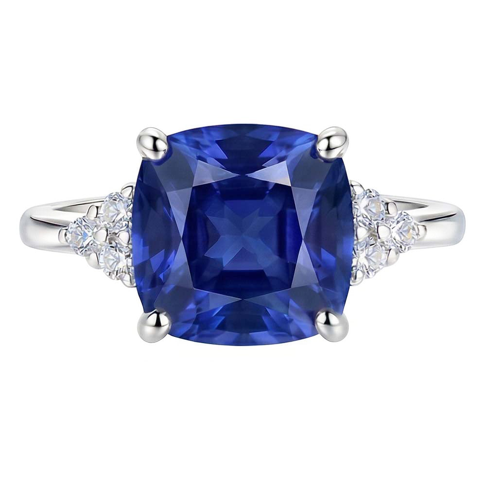 Gioiello di pietre preziose Cuscino Zaffiro Anello 2.50 carati Piccolo diamante rotondo