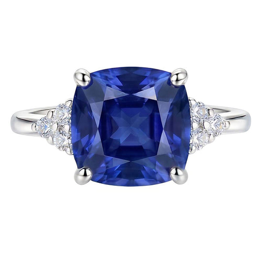 Gioiello di pietre preziose Cuscino Zaffiro Anello 2.50 carati Piccolo diamante rotondo