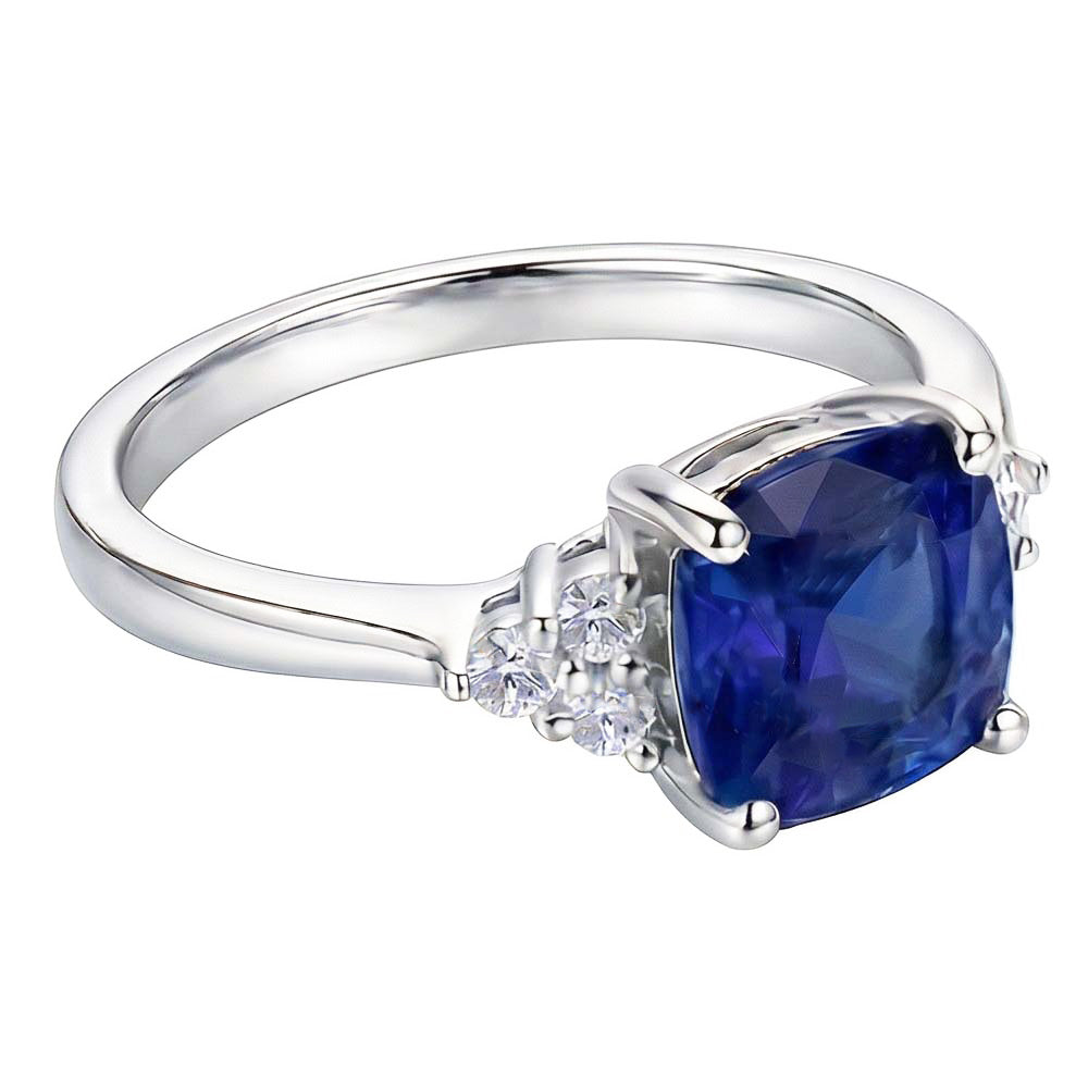Gioiello di pietre preziose Cuscino Zaffiro Anello 2.50 carati Piccolo diamante rotondo