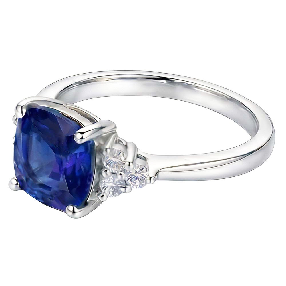 Gioiello di pietre preziose Cuscino Zaffiro Anello 2.50 carati Piccolo diamante rotondo