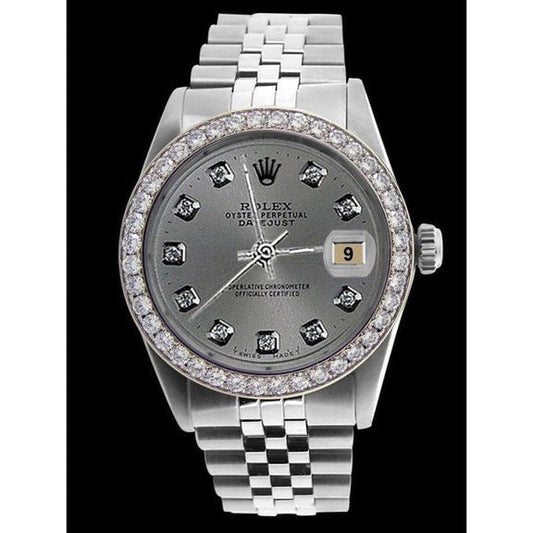orologio con quadrante grigio con diamanti e lunetta