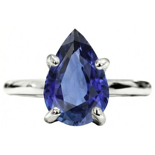 Zaffiro Blu Fiordaliso Anello con Pietra Preziosa 3-carati Oro 14 Carati Bianco – vista frontale