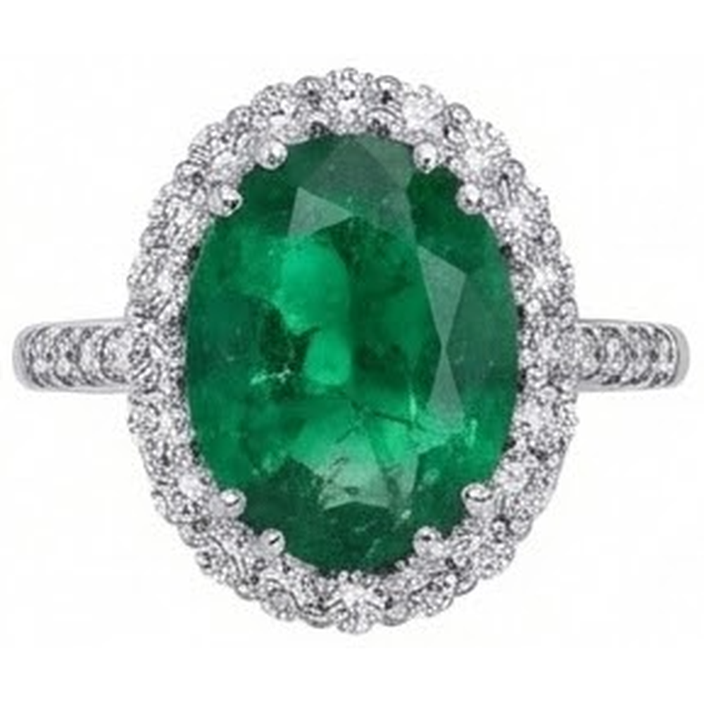 Grande Verde Smeraldo Con Diamanti 4.25 Carati Anello Di Fidanzamento In Oro Bianco 14 Carati