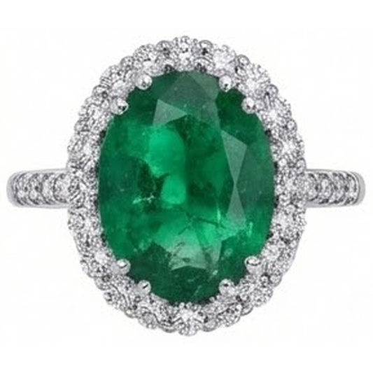 Grande Verde Smeraldo Con Diamanti 4.25 Carati Anello Di Fidanzamento In Oro Bianco 14 Carati