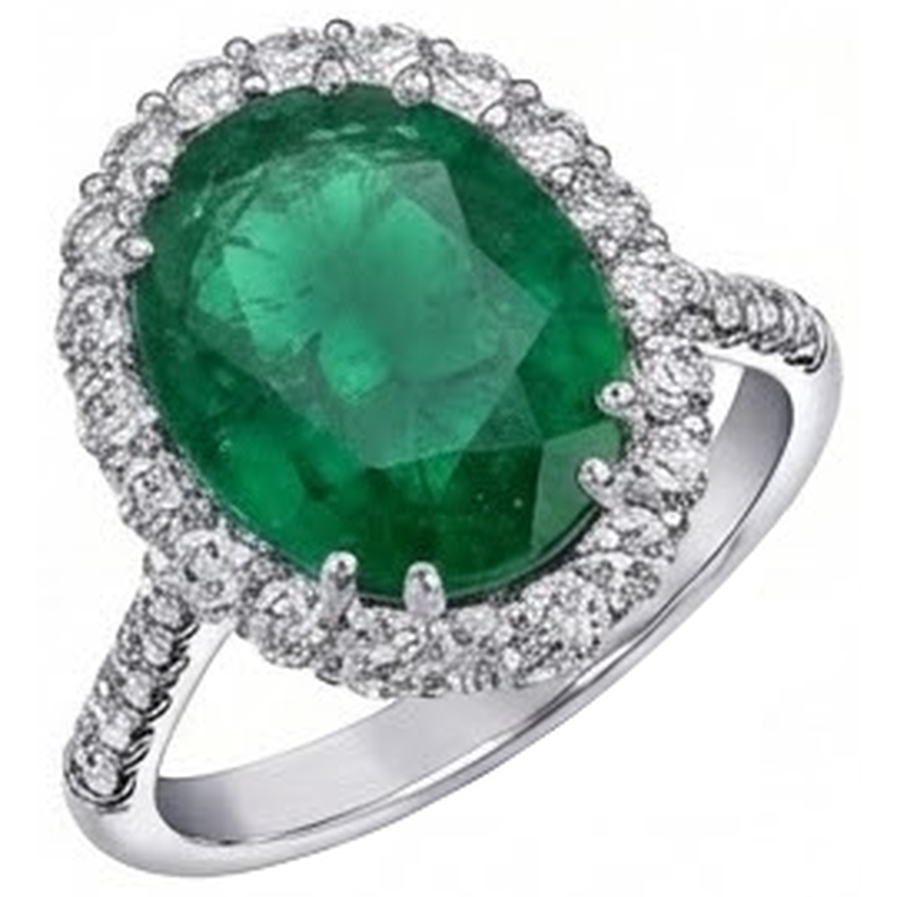 Grande Verde Smeraldo Con Diamanti 4.25 Carati Anello Di Fidanzamento In Oro Bianco 14 Carati