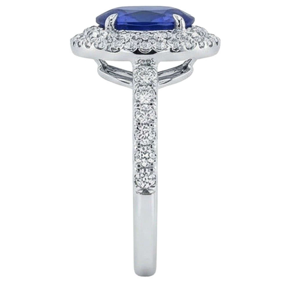 Grande anello ovale con zaffiro blu dello Sri Lanka e diamante. oro bianco da 4.55 ct. 14K