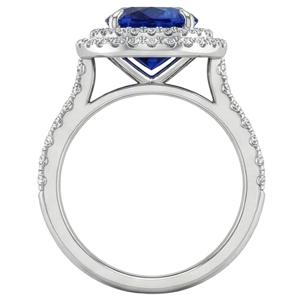 Grande anello ovale con zaffiro blu dello Sri Lanka e diamante. oro bianco da 4.55 ct. 14K