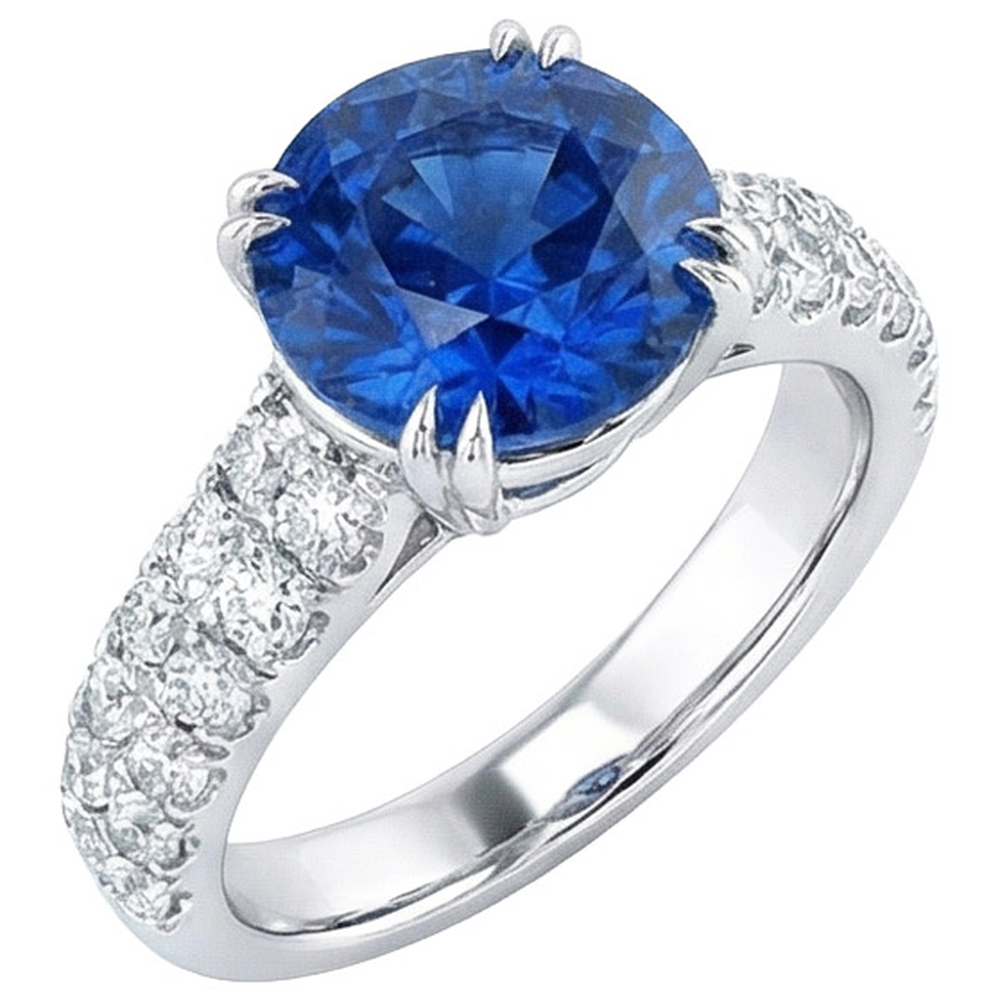 Grande anello rotondo con diamante. autentico zaffiro blu. 6 carati. con griffe in oro