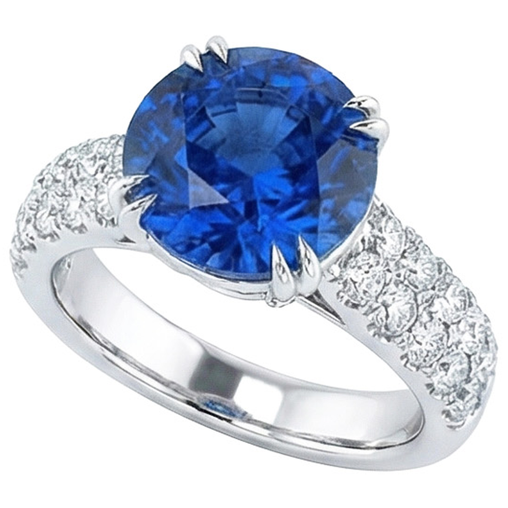 Grande anello rotondo con diamante. autentico zaffiro blu. 6 carati. con griffe in oro