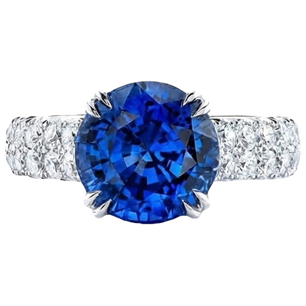 Grande anello rotondo con diamante. autentico zaffiro blu. 6 carati. con griffe in oro
