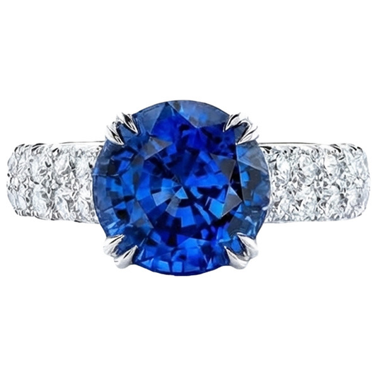 Grande anello rotondo con diamante. autentico zaffiro blu. 6 carati. con griffe in oro