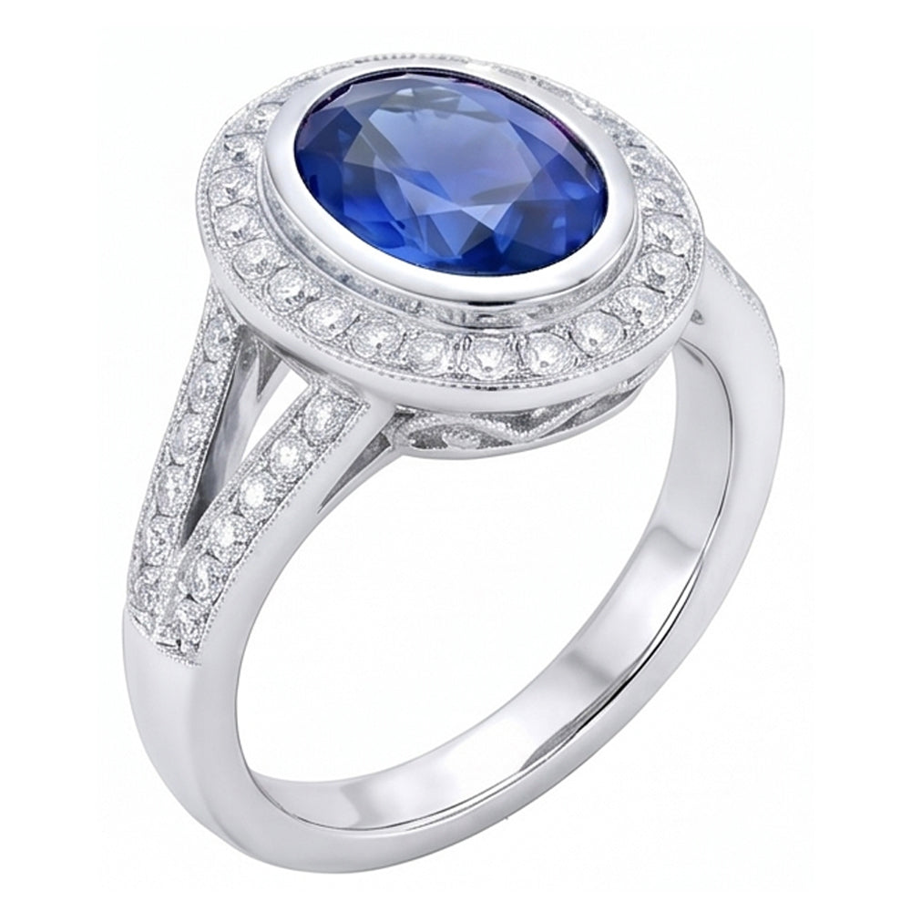 Grande zaffiro di Ceylon con diamanti da 4,75 ct Anello in oro bianco 14K