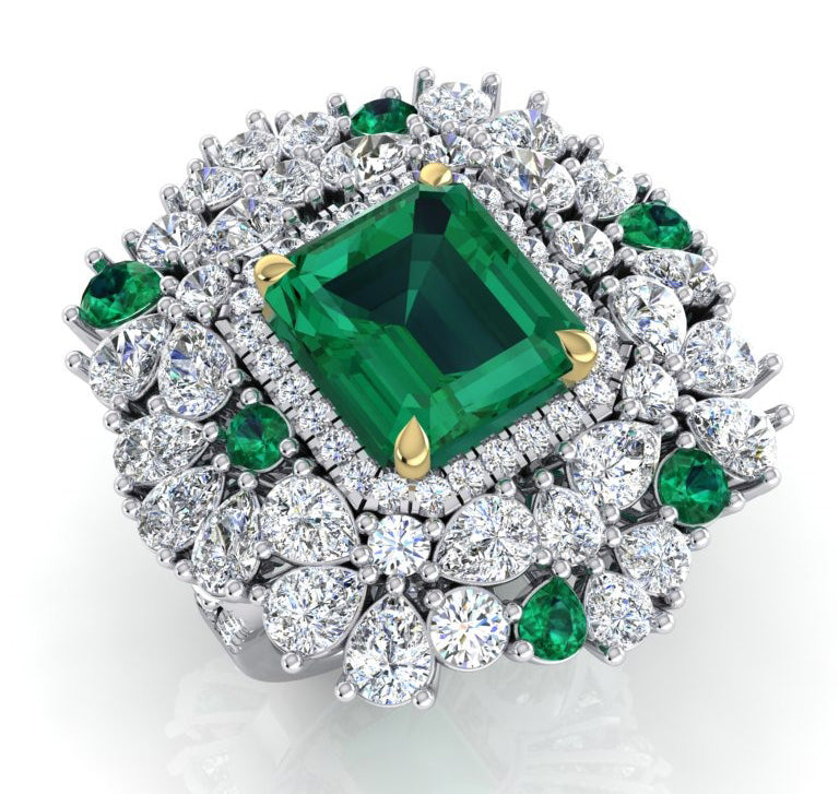 Anello Cocktail Grande Unico con Smeraldo Verde GIA Autentico e Diamanti Naturali