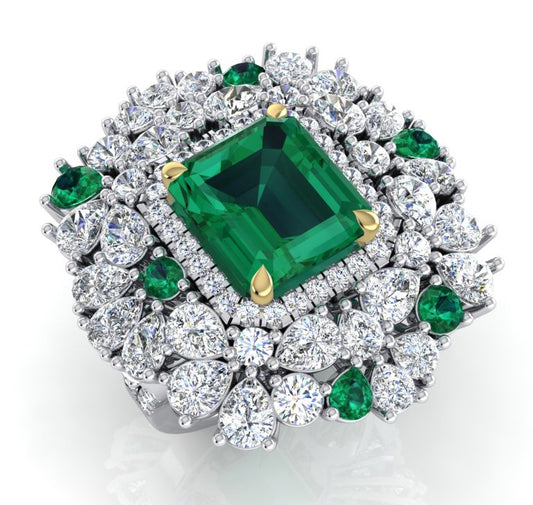 Anello Cocktail Grande Unico con Smeraldo Verde GIA Autentico e Diamanti Naturali