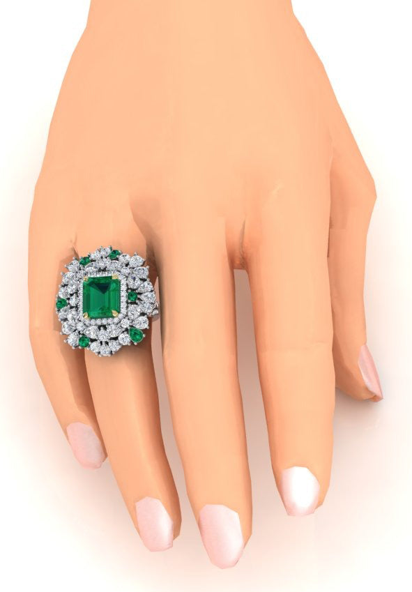 Anello Cocktail Grande Unico con Smeraldo Verde GIA Autentico e Diamanti Naturali