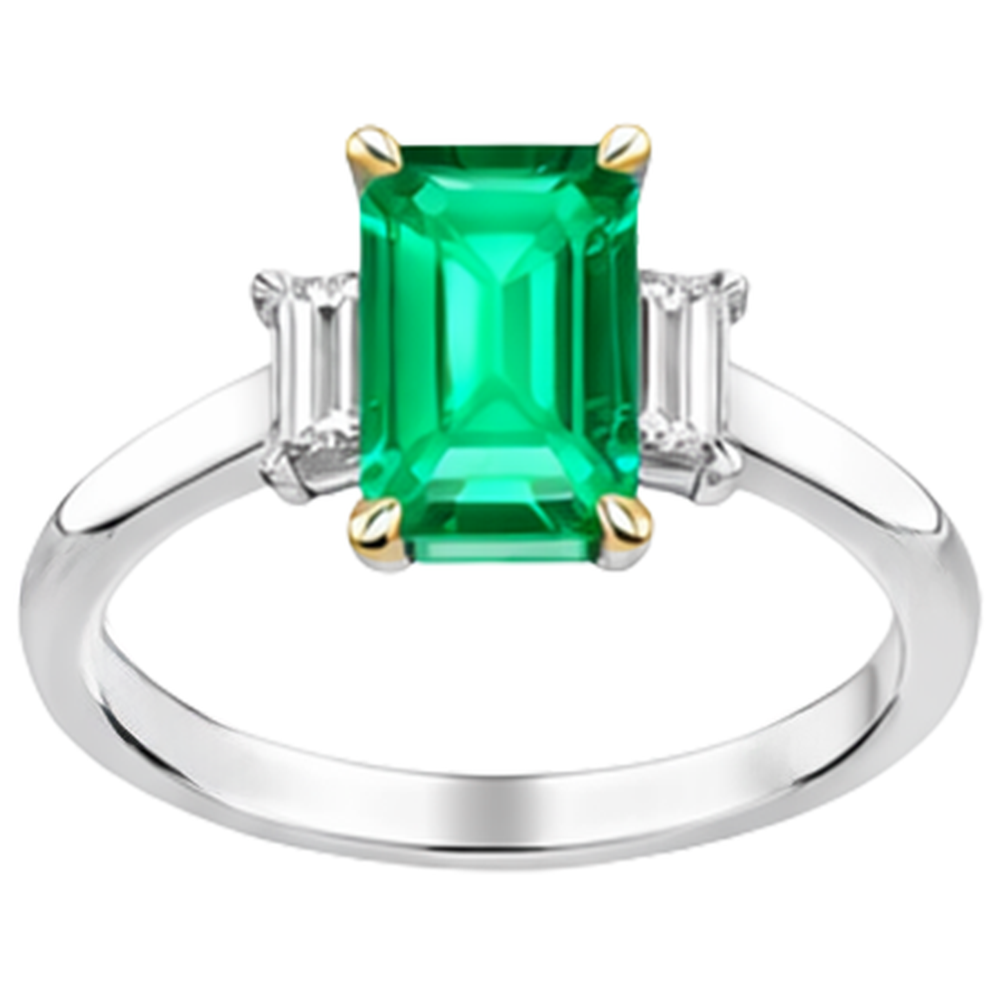 Smeraldo Colombiano Taglio a Gradini Anello con Pietra Preziosa in Oro Bicolore 14K – vista frontale