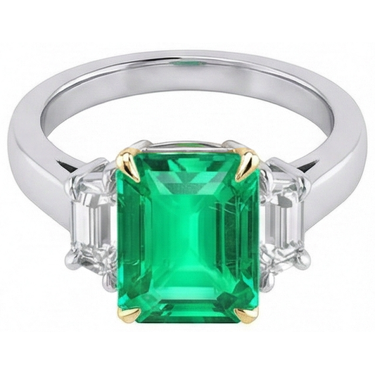 Taglio a Gradini Smeraldo Colombiano anello in Oro Due Toni 14K – vista frontale