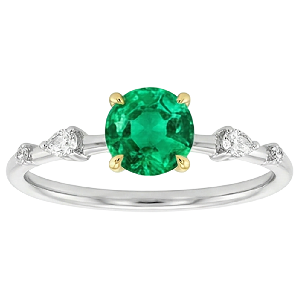 Smeraldo Fine Taglio Brillante Anello con Pietra Preziosa in Oro 14 Carati Bicolore – vista laterale