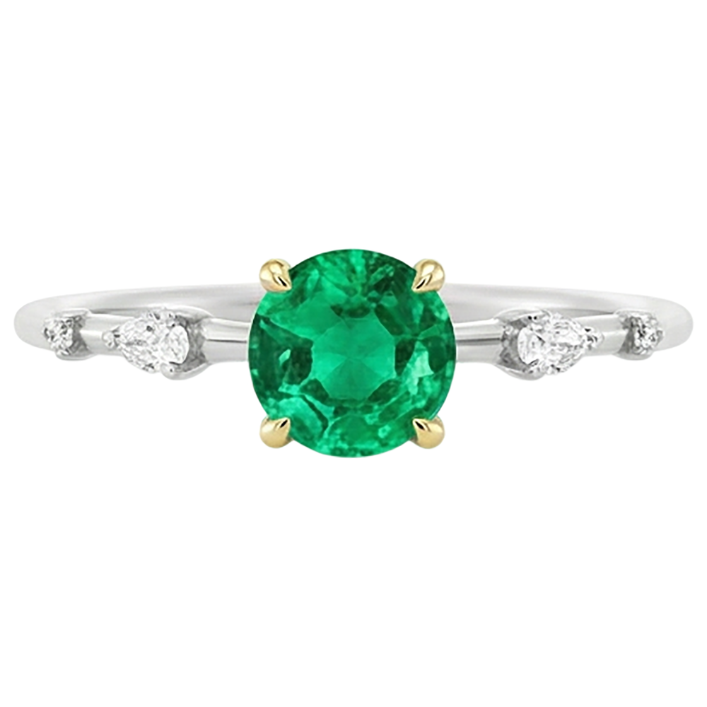 Smeraldo Fine Taglio Brillante Anello con Pietra Preziosa in Oro 14 Carati Bicolore – vista frontale