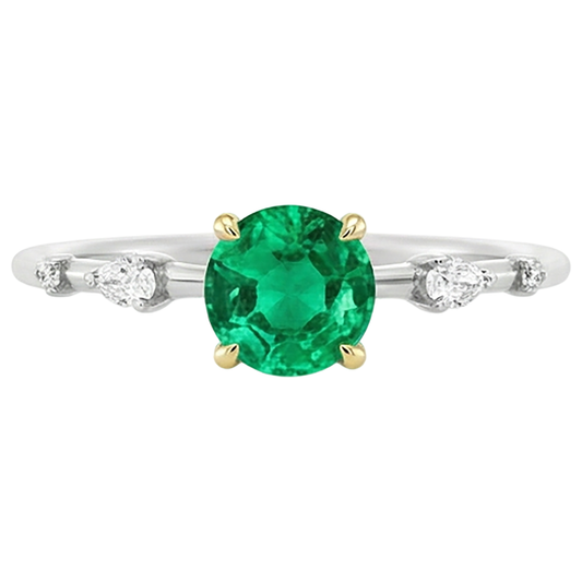 Smeraldo Fine Taglio Brillante Anello con Pietra Preziosa in Oro 14 Carati Bicolore – vista frontale