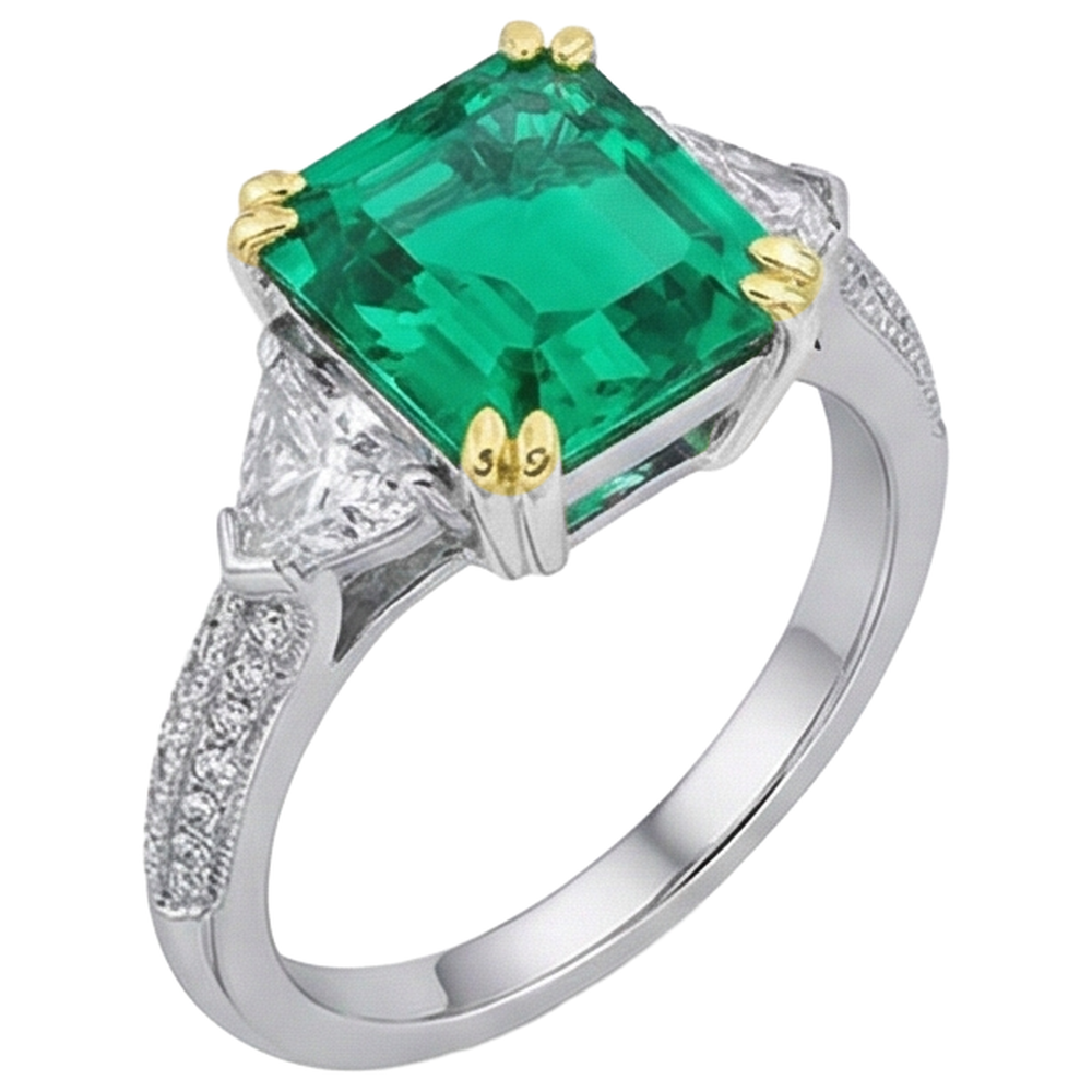 Smeraldo Fine Taglio a Gradini Anello con Pietra Preziosa in Oro Due Toni 14K – vista laterale
