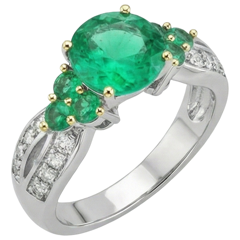 Smeraldo Colombiano Anello Pietra Colorata 2-carati Oro Due Toni 14K – vista frontale