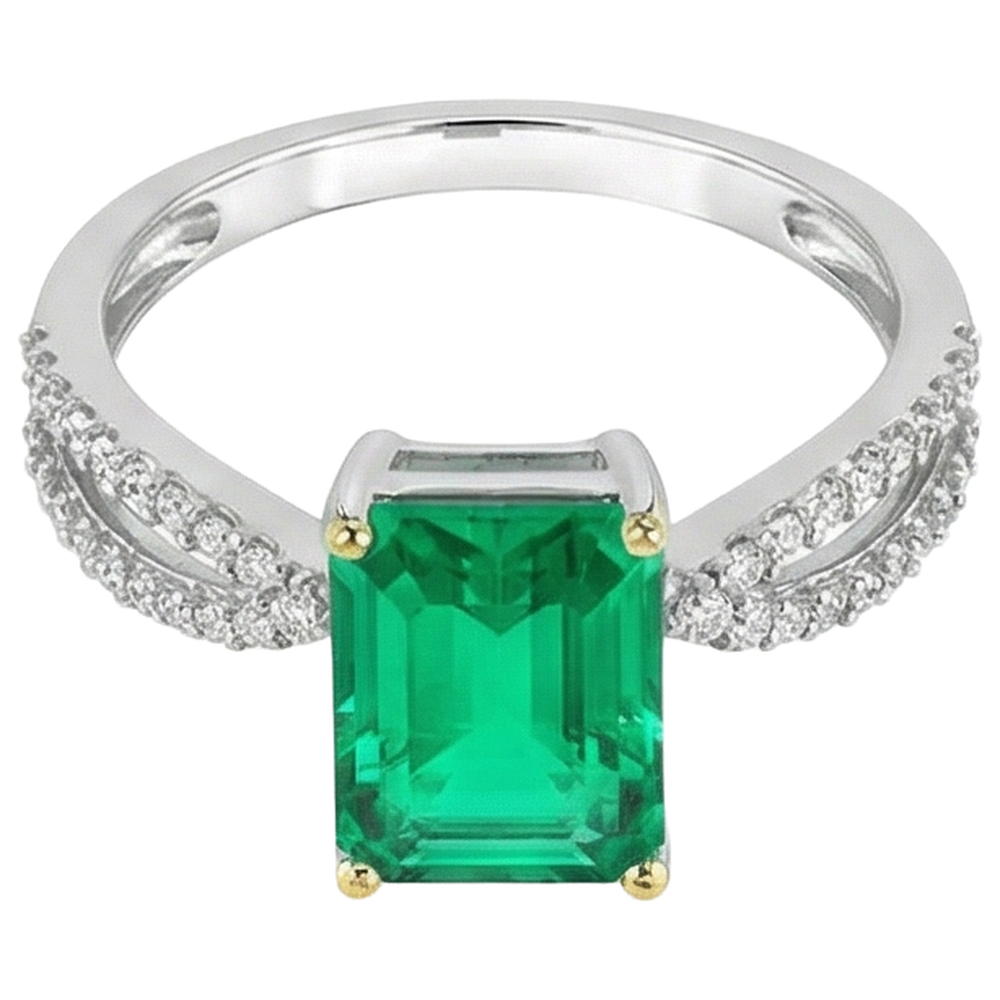Smeraldo Colombiano Anello con Pietra Preziosa 2-carati Oro Due Toni 14K – vista angolare
