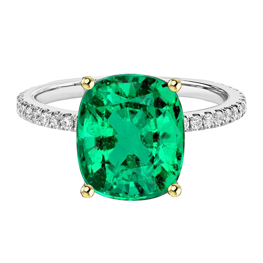 Smeraldo Colombiano Cuscino Anello con Gemma in Oro Due Toni 14K – vista principale