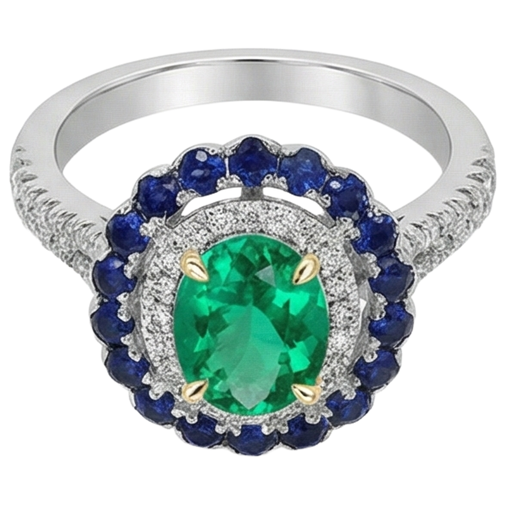Smeraldo Colombiano Anello con Pietra Preziosa 2-carati Oro Due Toni 14K – vista frontale