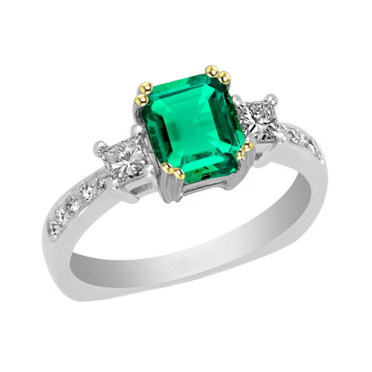 Smeraldo Colombiano Taglio Smeraldo Anello con Pietra Preziosa in Oro Due Toni 14K – vista principale