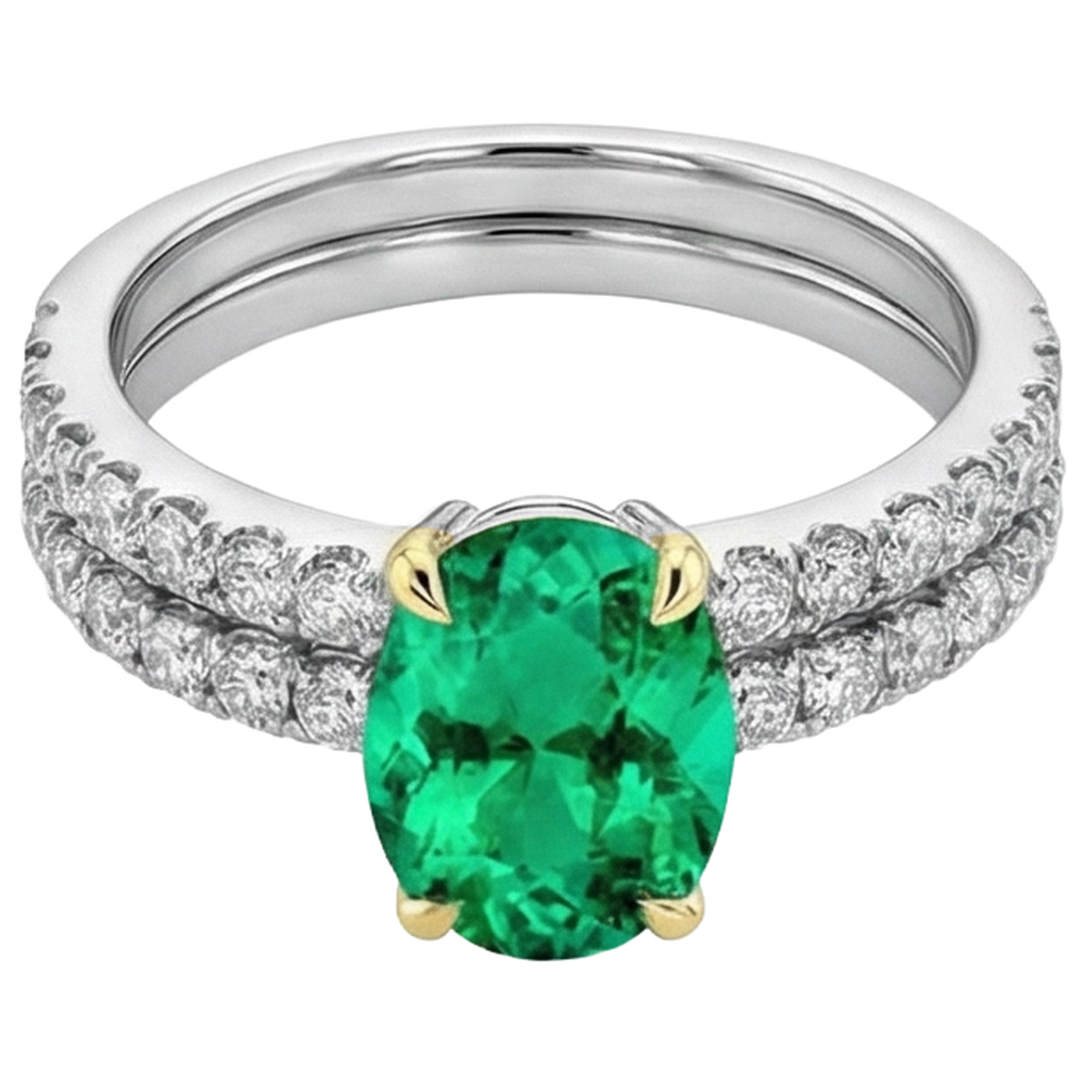 Anello con Pietra Preziosa Oro Due Toni 14K con Smeraldo Colombiano – vista angolare