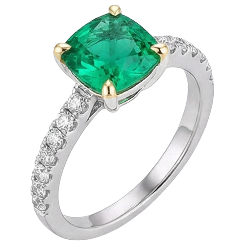 Cuscino Smeraldo Fine anello in Oro Bicolore 14K – vista laterale